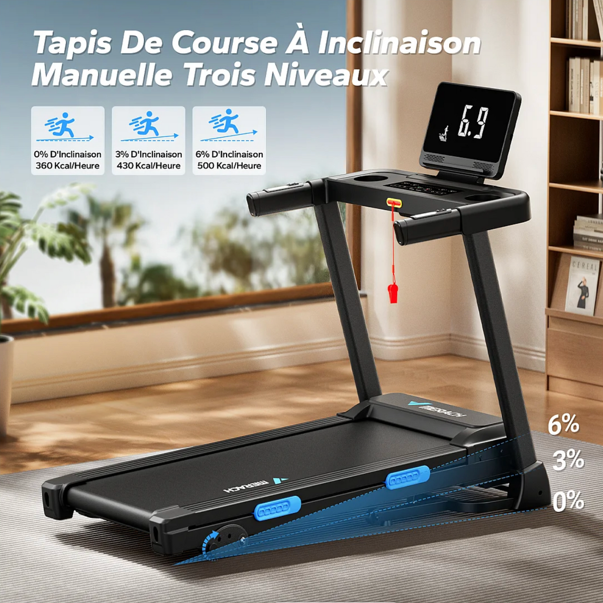Tapis de Course Connecté Pliable avec 3 niveaux d’inclinaison, Vitesse Réglable de 0,8 à 12 km/h, Écran LED