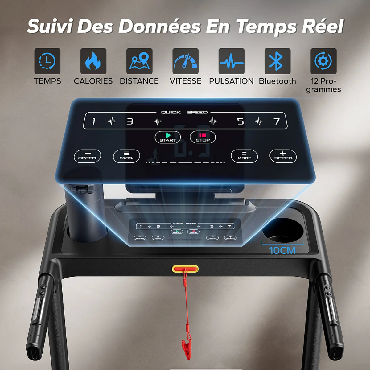Tapis de Course Pliable Connecté avec 3 niveaux d’inclinaison, Vitesse Réglable de 0,8 à 12 km/h, Écran LED