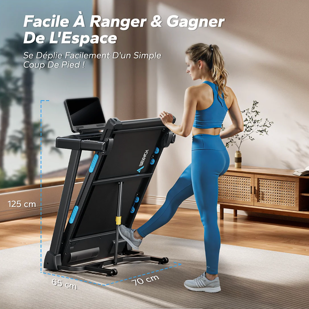 Tapis de Course Pliable Connecté avec 3 niveaux d’inclinaison, Vitesse Réglable de 0,8 à 12 km/h, Écran LED